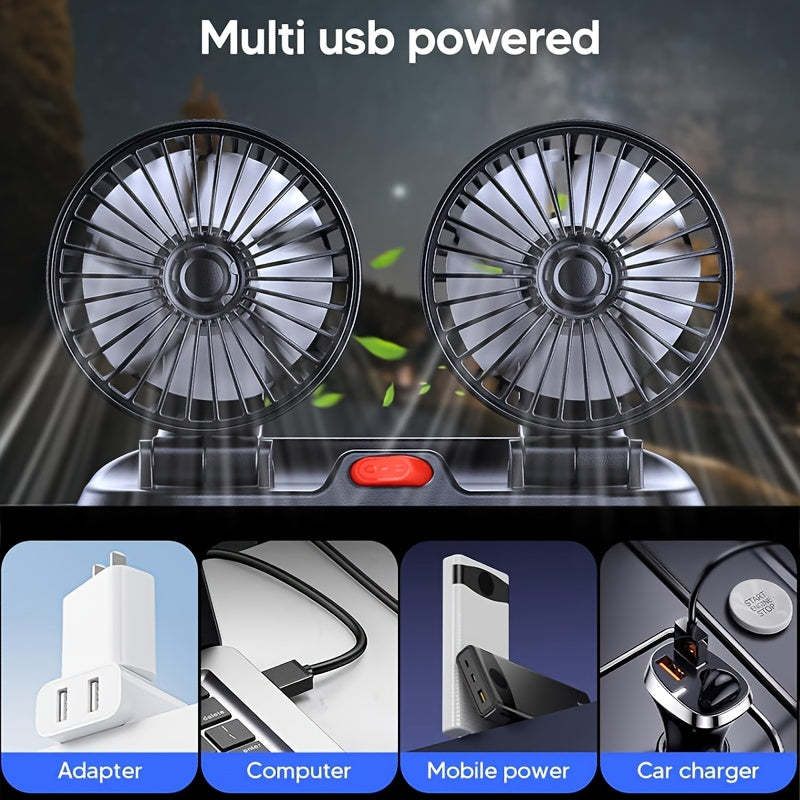 USB Rechargeable Portable Car Dual Fan with Adjustable Speed and Rotatable Heads