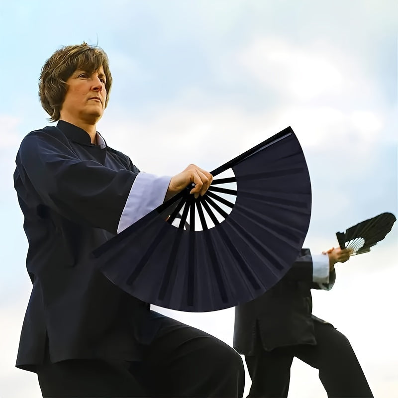 Black Folding Fan Set 2 Pieces Handheld Nylon Cloth Chinese Kung Fu Festival Party Favors