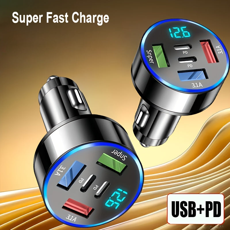 5-in-1 Car Charger with LED Display USB-C PD Quick Charge 3.0 Fast Charging