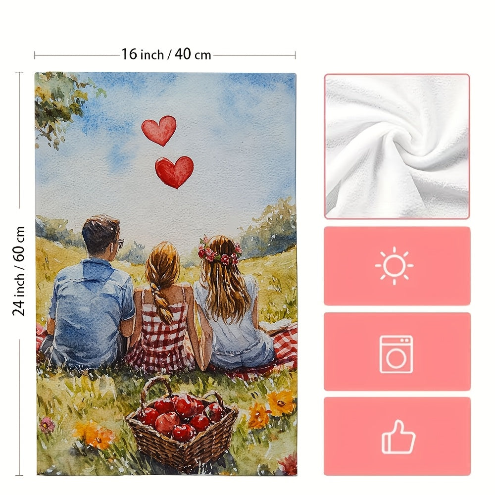 Juego de toallas de cocina ultra suaves escena de picnic de San Valentín en acuarela 40x60 cm