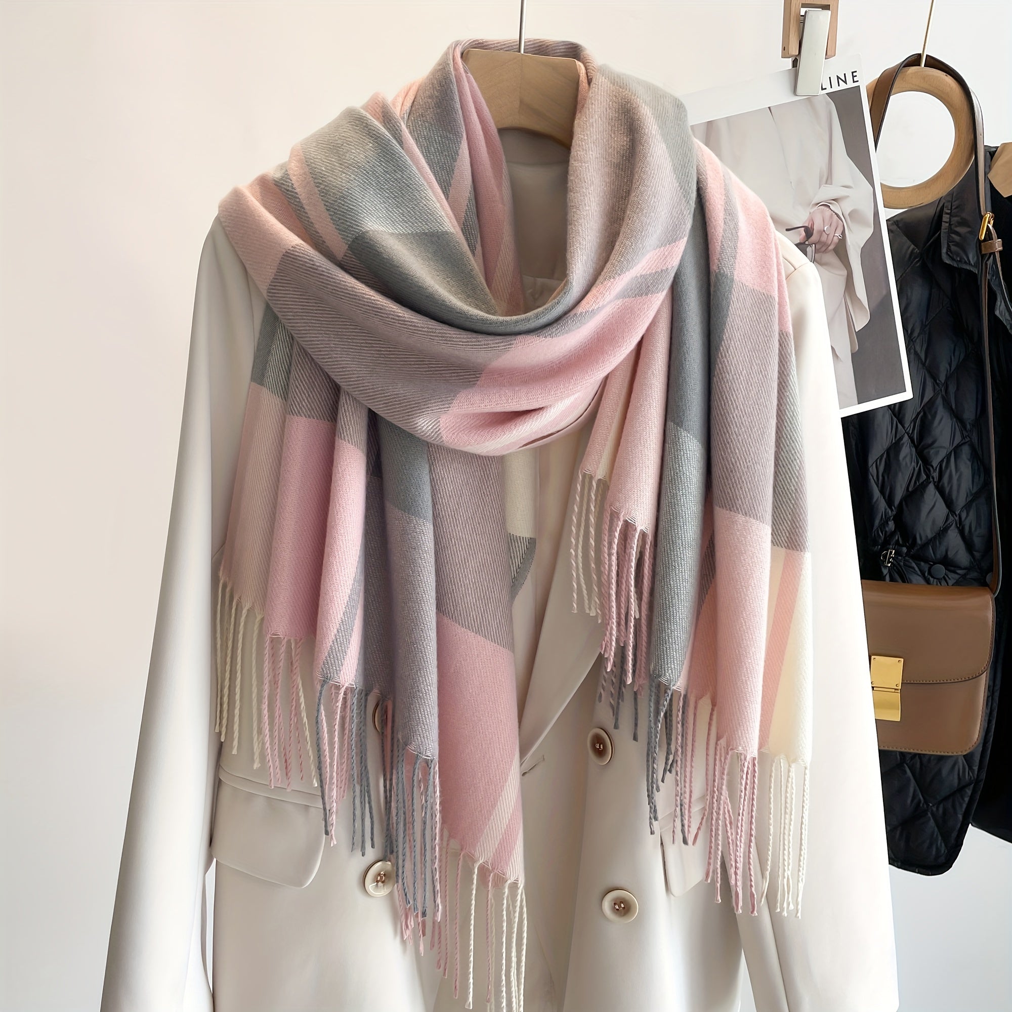 Plaid Wool Scarf with Tassel Detail for Autumn Winter Warmth and Style