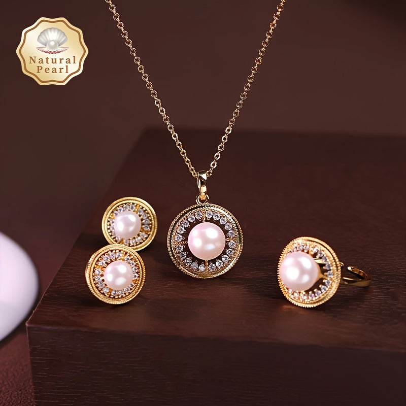 Women’s Freshwater Pearl Jewelry Set Necklace Earrings Ring Gift Box