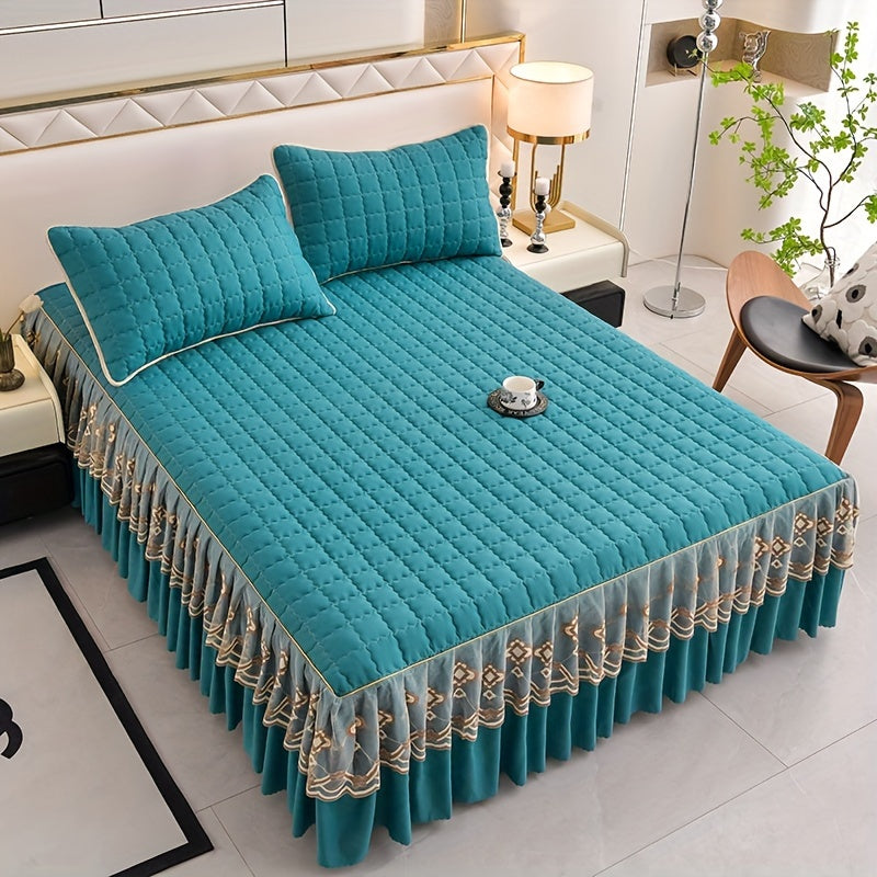 Luxury Bedding Set with Quilted Edge Bed Skirt Pillowcases Mattress Protector and Duvet Cover
