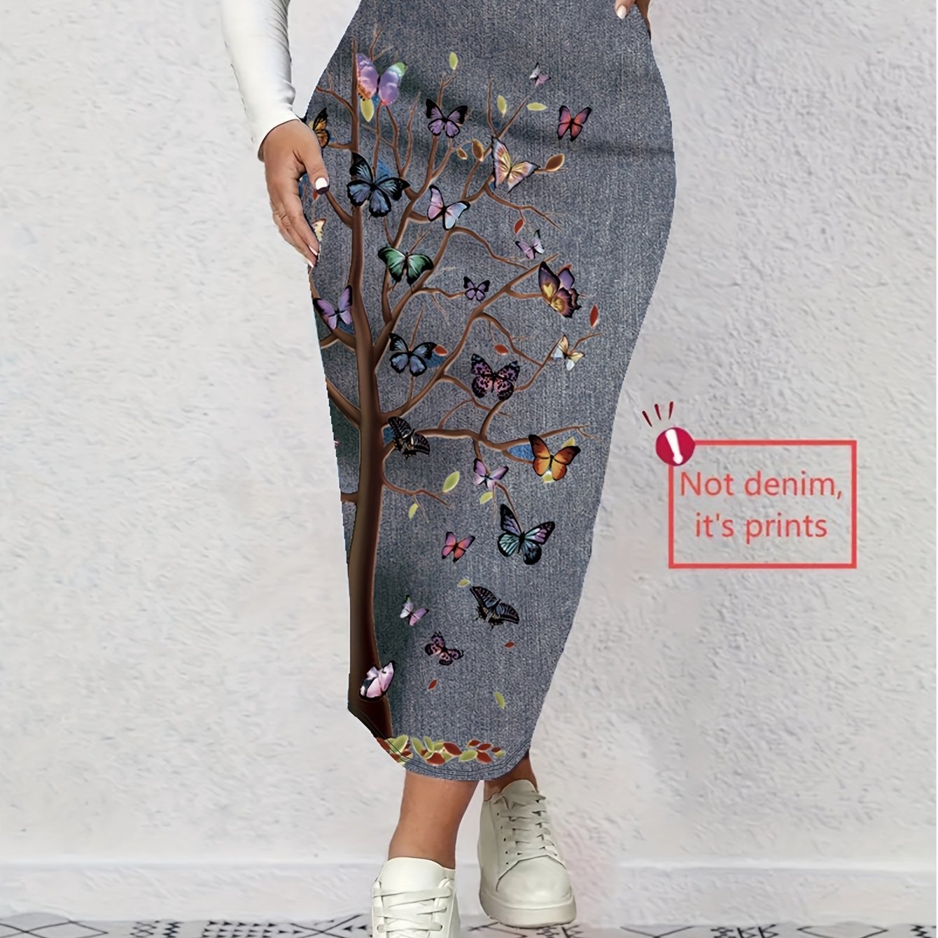 Women's Plus Size Denim Print Butterfly Tree Half Skirt