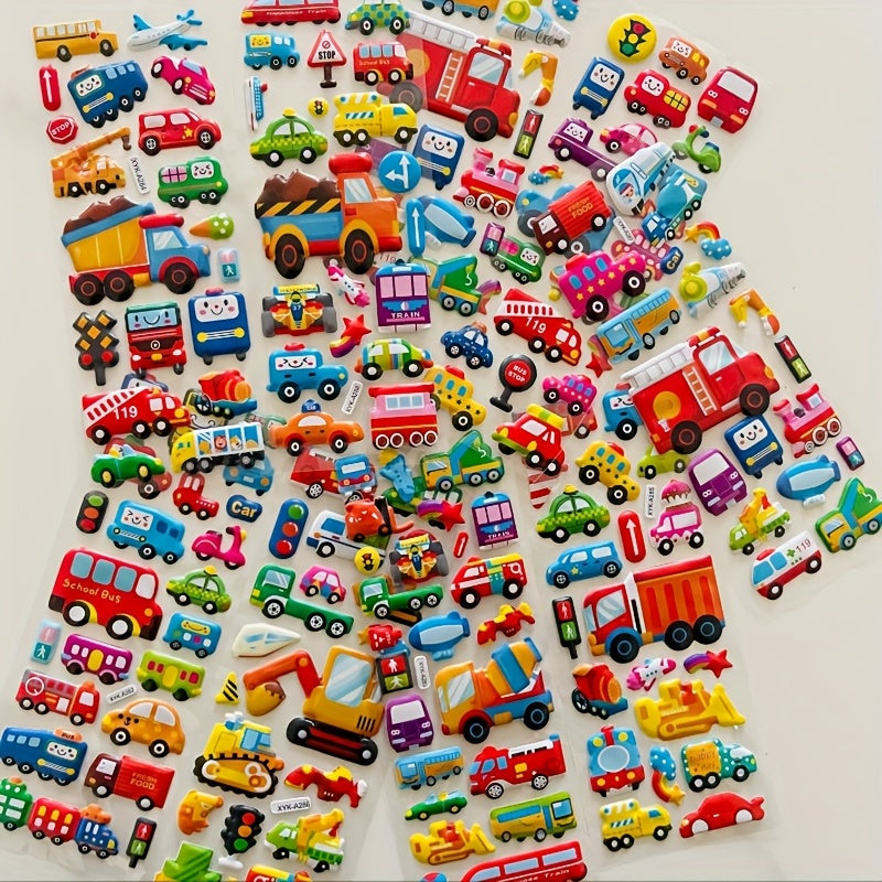 Set of 8 Cartoon Vehicle Stickers with 3D Stereoscopic Cars Fire Trucks and Excavators for Kids