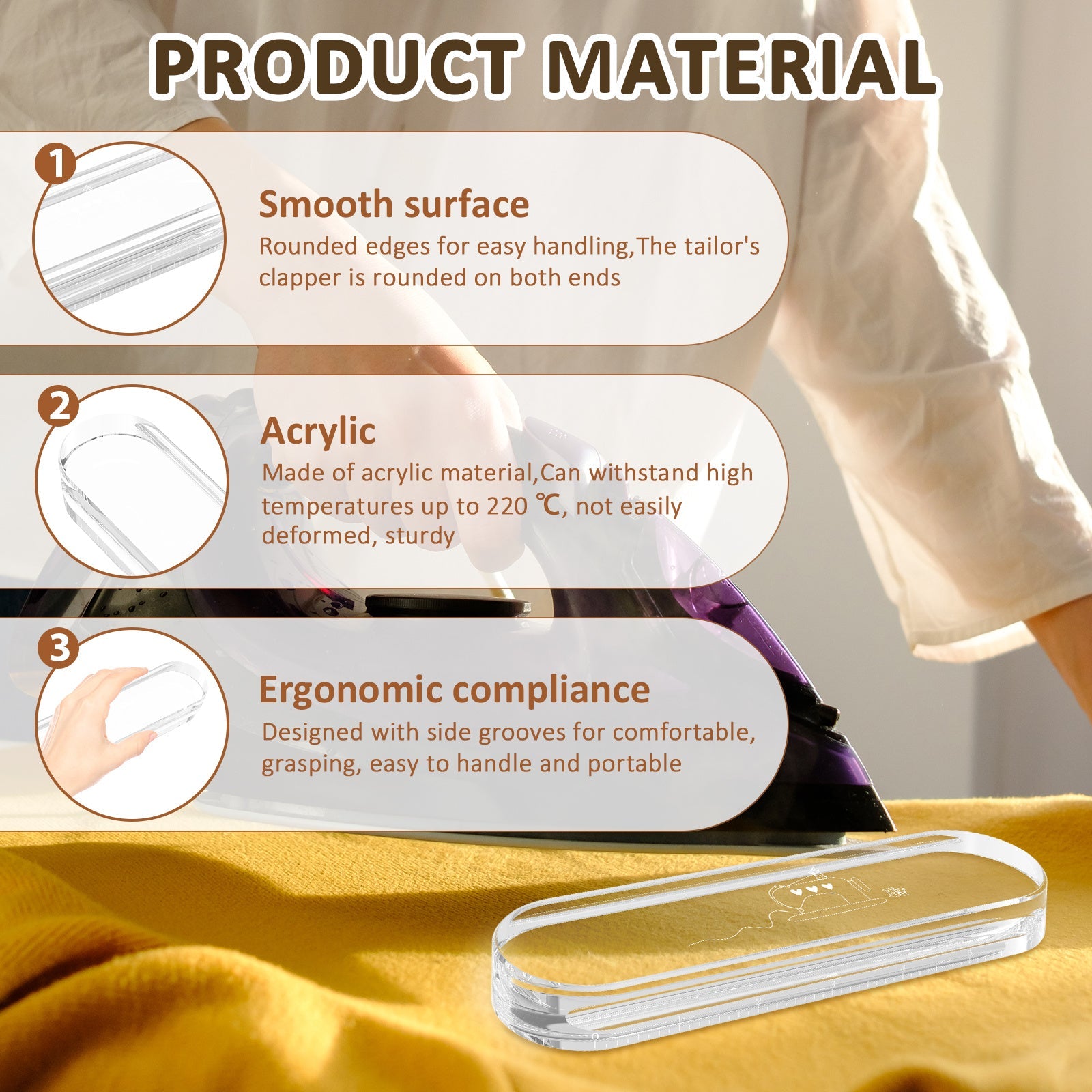 Акриловый утюжок с измерительной шкалой - прочный инструмент для шитья и квилтинга, термостойкий и прозрачный, отлично подходит для разглаживания складок и заломов, идеально подходит для пошива одежды, глажки и швейных проектов.