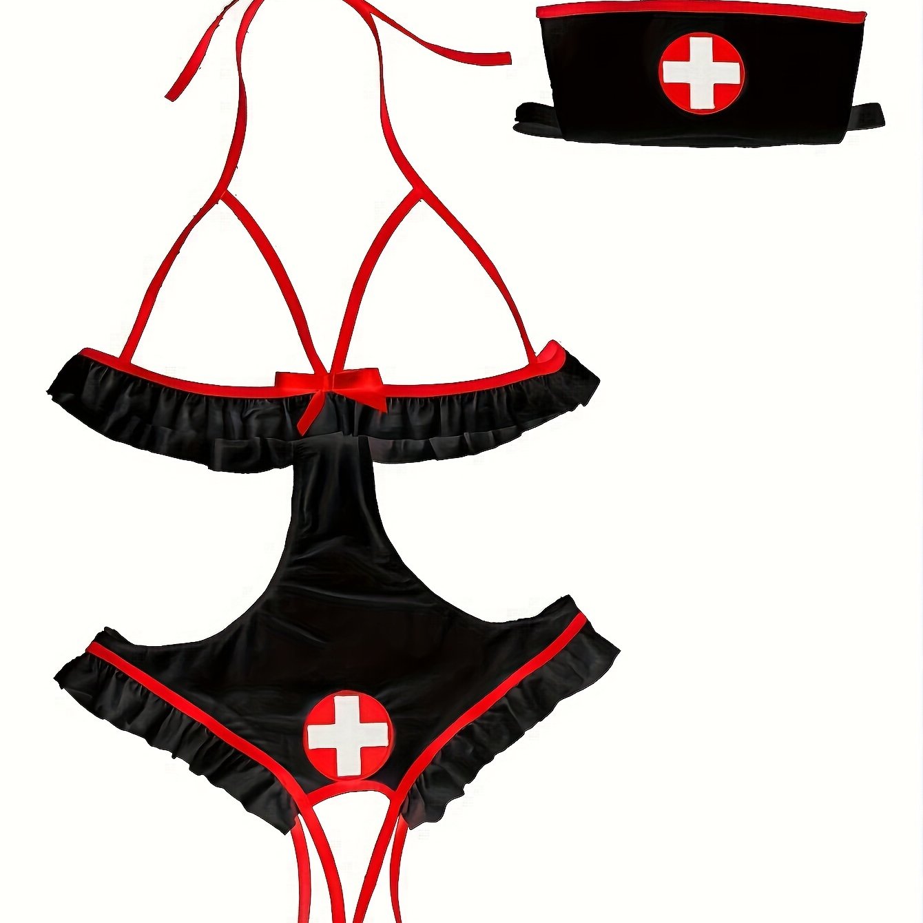 Plus Size Nurse Costume Open Bust Ruffle Trim Sheer Crotchless Lingerie