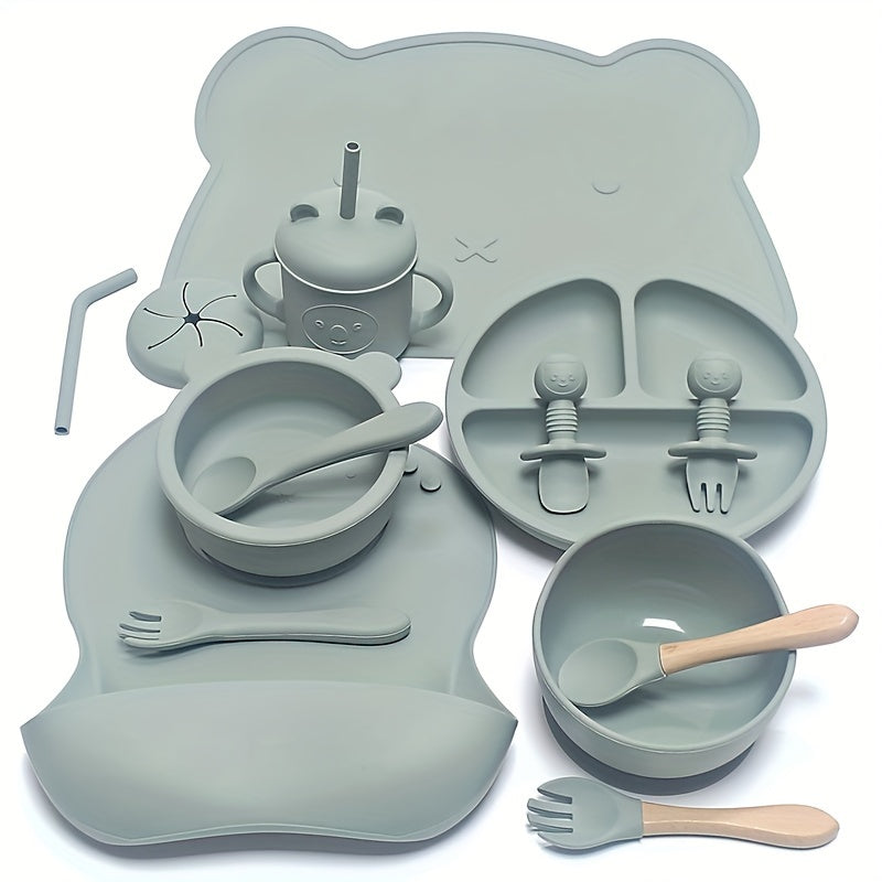 Children's Silicone Feeding Set 9pcs Divided Plates Sucker Bowl Bib Drinking Cup