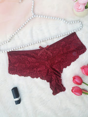 Bragas de encaje transparente de talla grande para mujer, con borde de encaje, flores rojas, de tiro medio