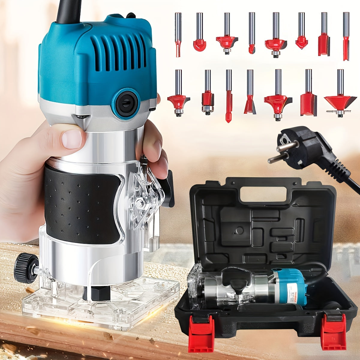 Electric Hand Trimmer Router Tool 800W 30000 RPM Aluminum Alloy Woodworking Chamfering Hole Digging European Plug
