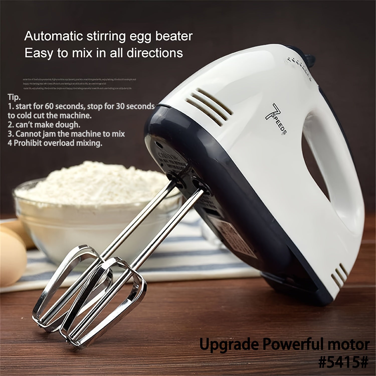 Electric Mixer 7-Speed Stainless Steel Beaters White Baking Whisk