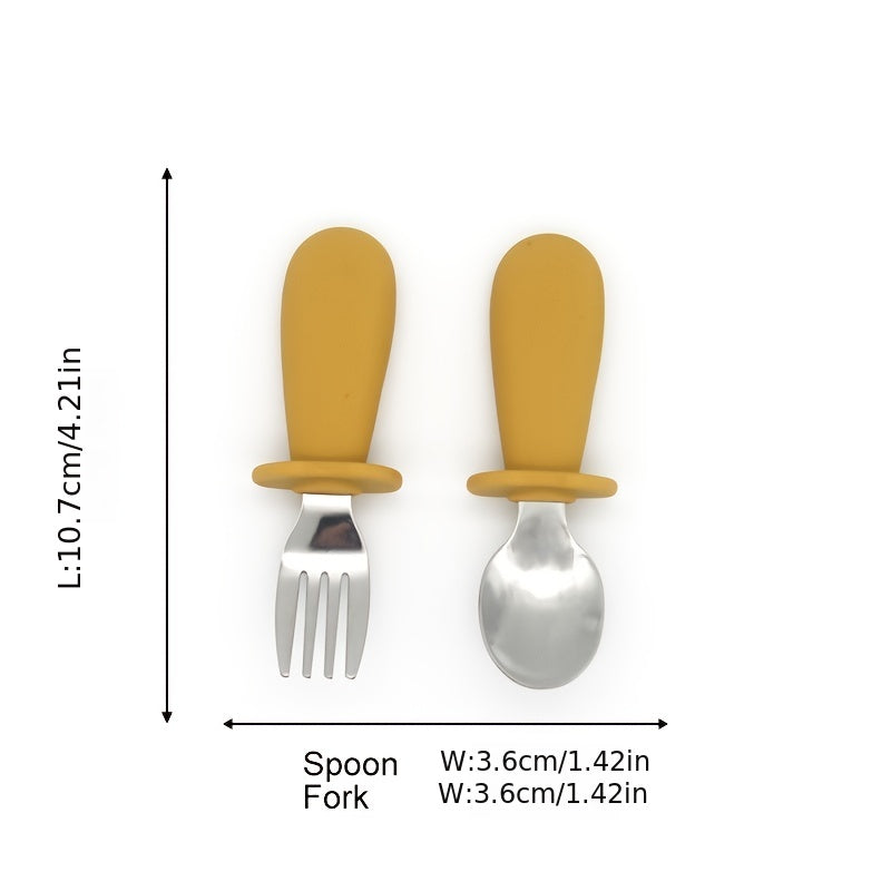 Juego de 2 cucharas y tenedores para bebés de acero inoxidable y silicona en colores sólidos para alimentación infantil