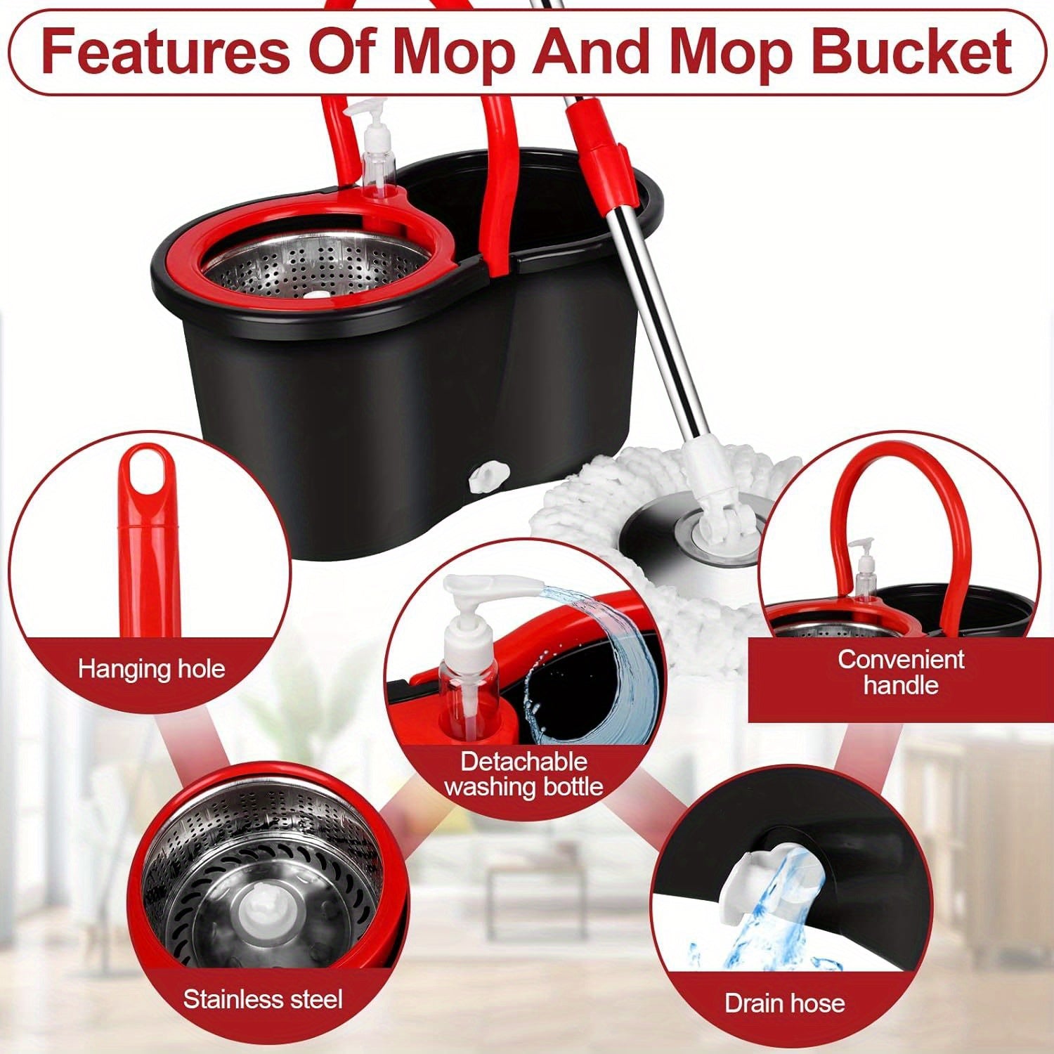 360° Rotating Mop and Bucket Set with Microfiber Heads and Adjustable Handle