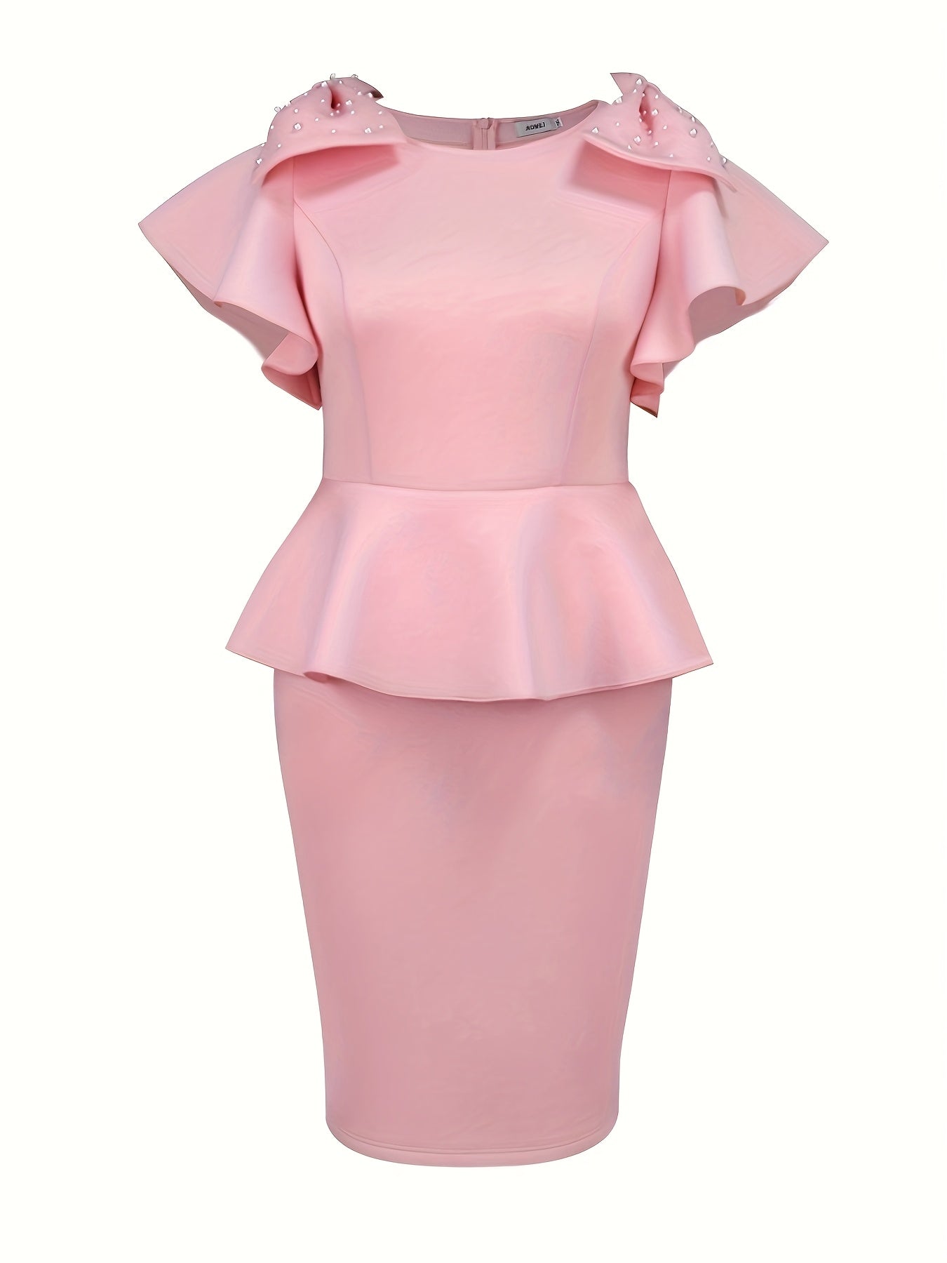 Women's Pink Midi Party Dress Flare Sleeve Beaded High-Low Hem