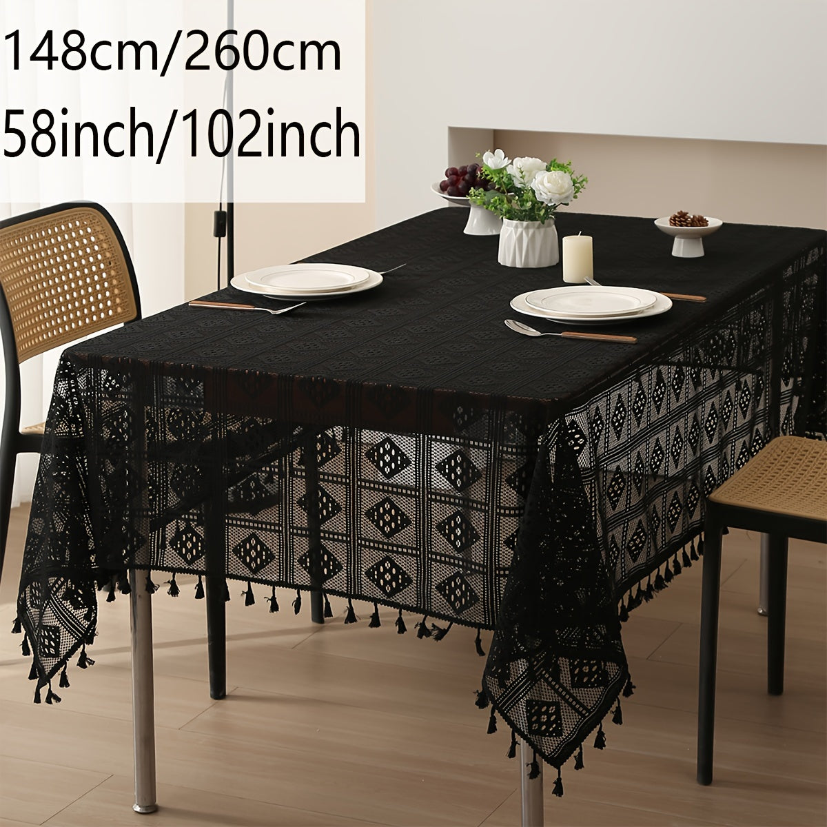 Beige Crochet Tablecloth with Tassels for Home and Party Table Settings