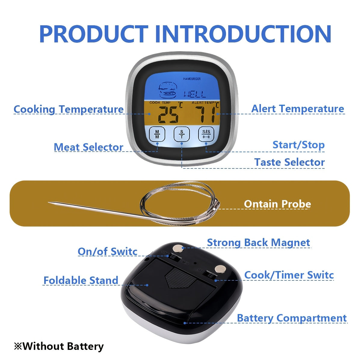 Digital Meat Thermometer with Large Touch Screen Stainless Steel Probe for BBQ Cooking Baking