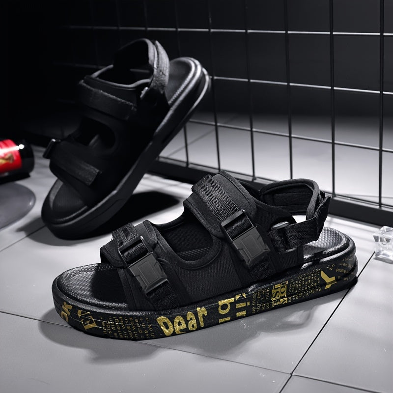 Men's Black Fabric Sandals with Yellow Dear Print Hook and Loop Fastener Anti-Skid Rubber Sole