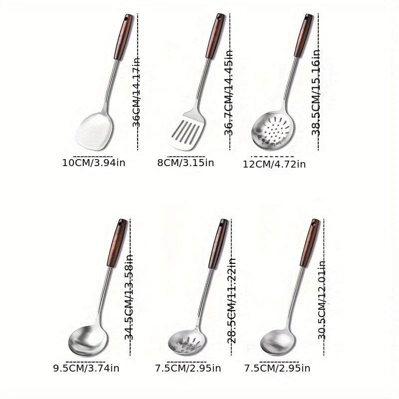 304 zanglamaydigan po'latdan yasalgan oshxona asboblari to'plami, spatula, qozon va xizmat qilish qoshiq bilan