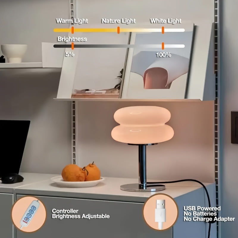Современная стеклянная настольная лампа с USB-питанием, с функцией регулировки яркости, полированная металлическая основа и тёплый мягкий свет для различных помещений и применений. Идеально подходит для прикроватной тумбочки, настольного декора и спальни.