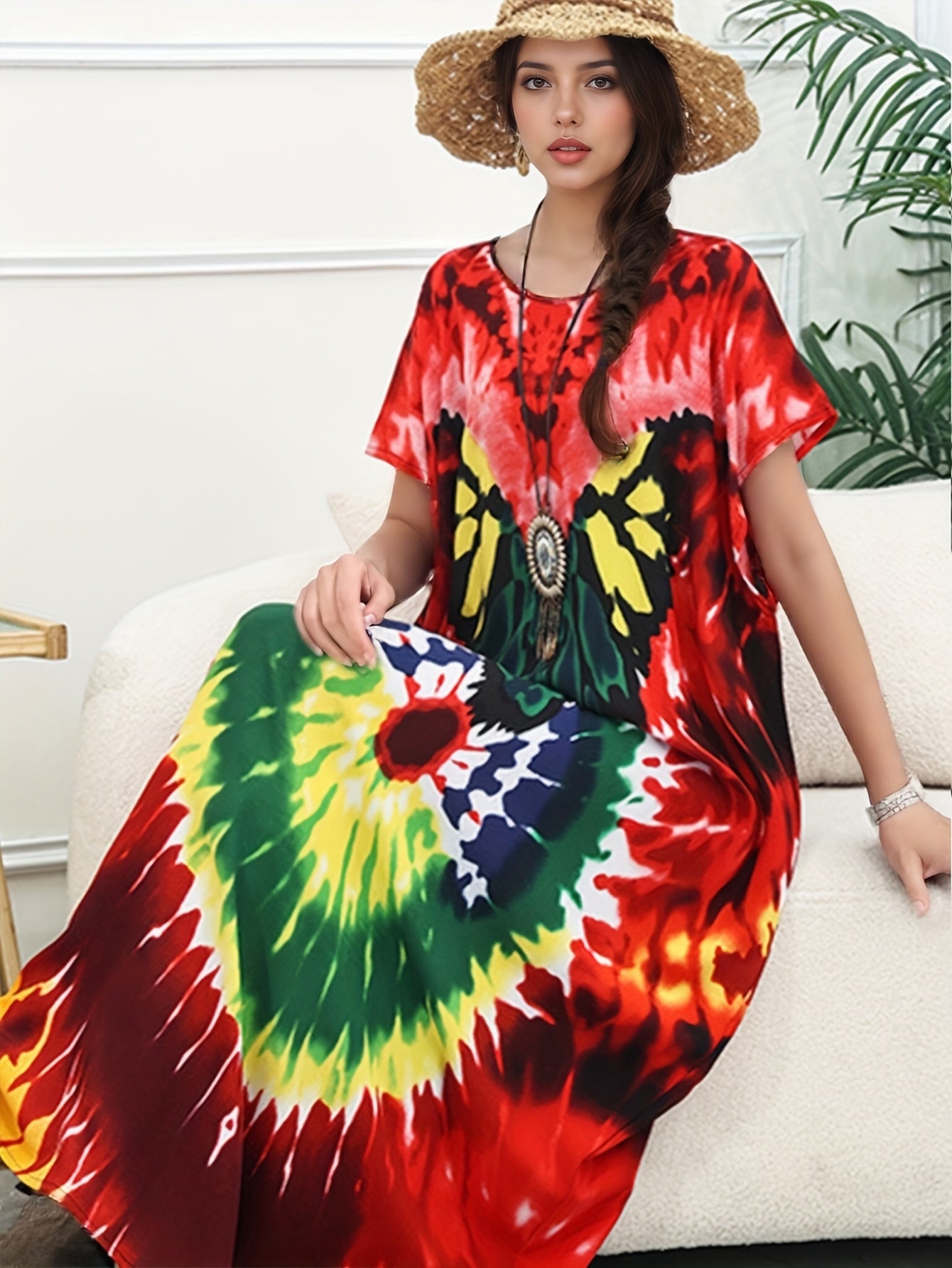 Plus o'lcham ayollar uchun tie-dye plyaj kiyimlari, bezsiz, quyoshdan himoyalovchi tunik