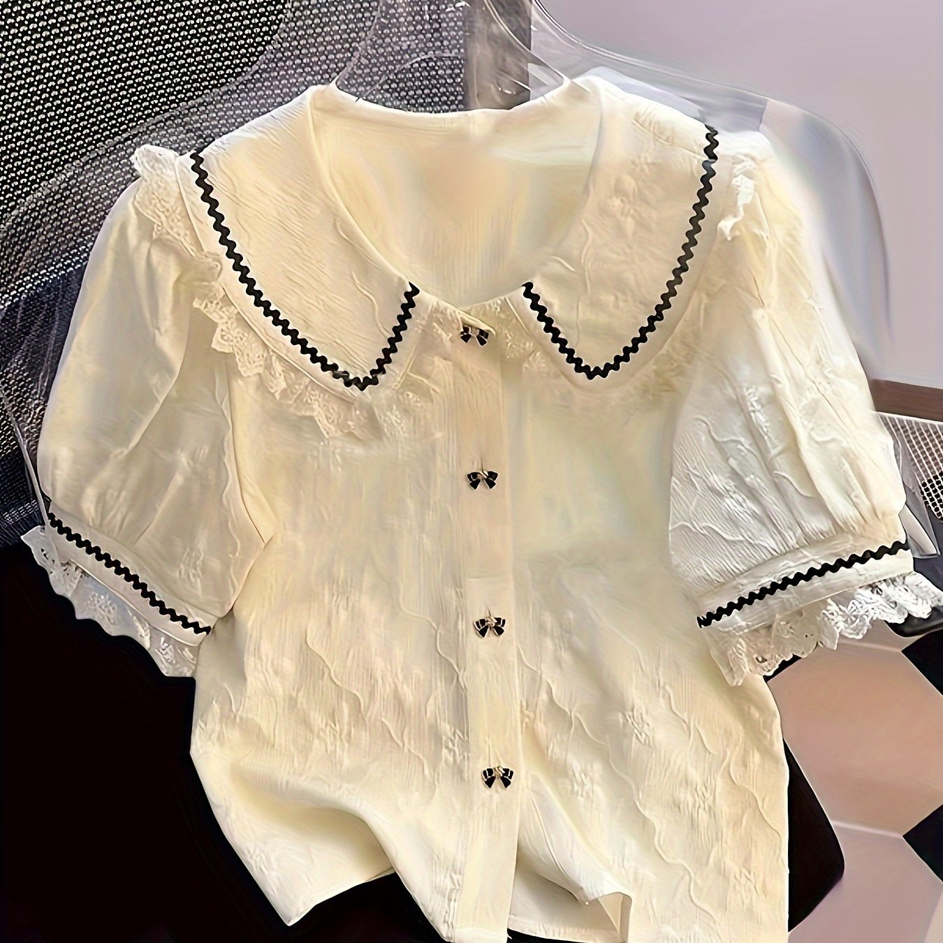 Women's Floral Lace Shirt with Ruffle Neckline Short Sleeve Spring Summer Blouse