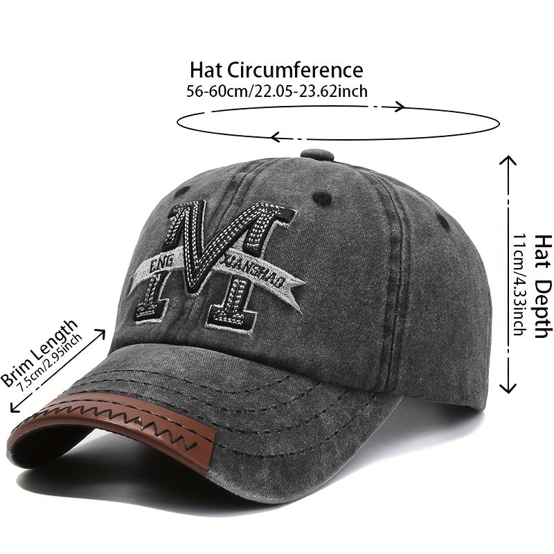 Unisex Vintage Washed Cotton Baseball Cap with Embroidered Letter M for Outdoor Sports Golf Fishing
