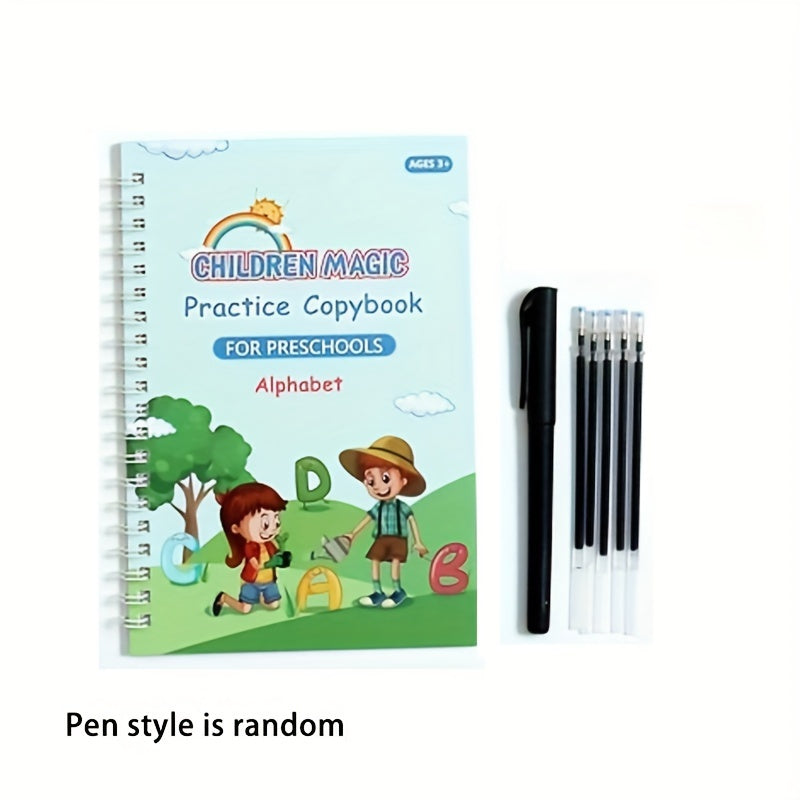 Conjunto de práctica de escritura educativa para niños en edad preescolar, cuaderno encuadernado en espiral con bolígrafo, alfabeto, números y suma