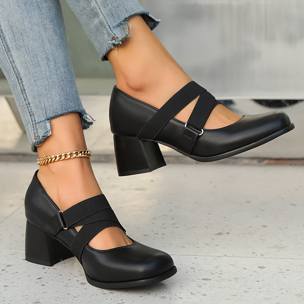 Ayollar uchun kvadrat barmoqli blok poyafzal, kundalik ish poyafzali, sirpanmaydigan brogue dizayni