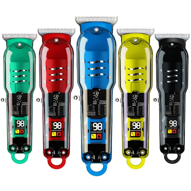 Прозрачный набор машинки для стрижки волос с ЖК-дисплеем, USB-заряжаемый. Подходит для использования в салоне и дома. Включает литиевый аккумулятор и зажимы для волос.