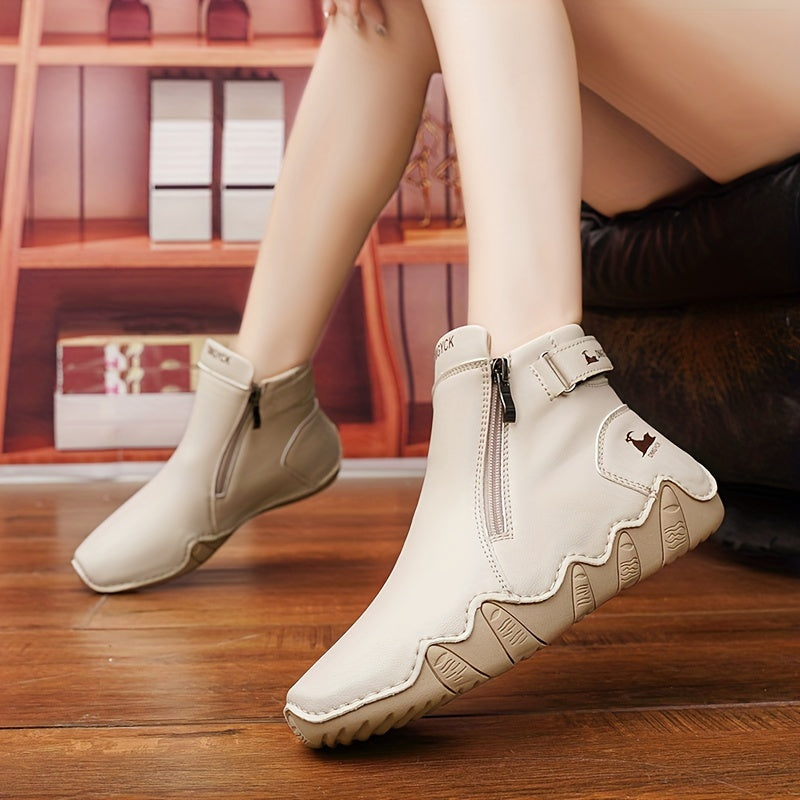 Zapatos casuales de color sólido para mujer con cremallera lateral y hebilla