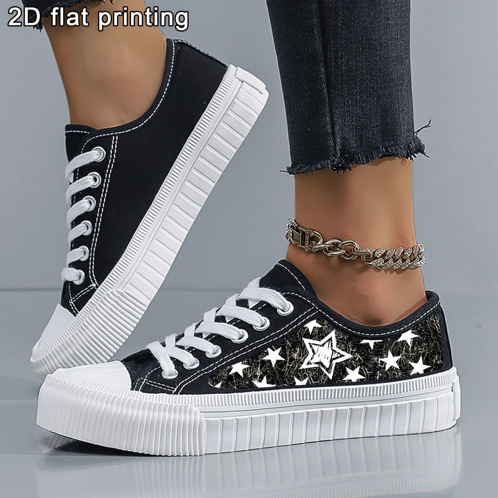 Ayollar uchun qora va oq yulduz bosimli kundalik krossovkalar, pastki qismli, lentalar bilan yopiladigan, sket poyabzal