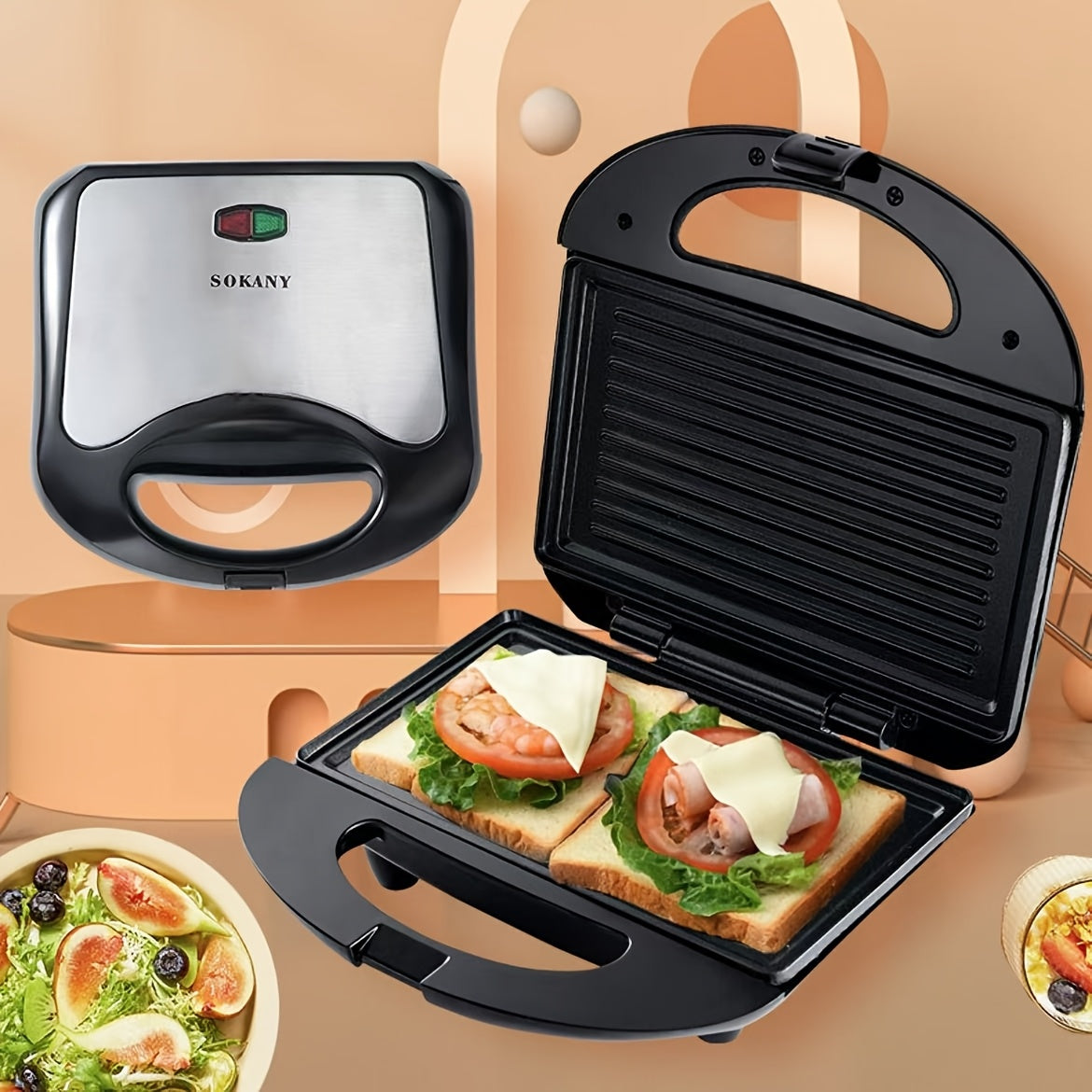 Uyda tuxum pishirish uchun yopishmaydigan panlar, LED ko'rsatkichlar va sovuq tutqichlar bilan 1 ta sendvich tayyorlagich, toster va panini press.