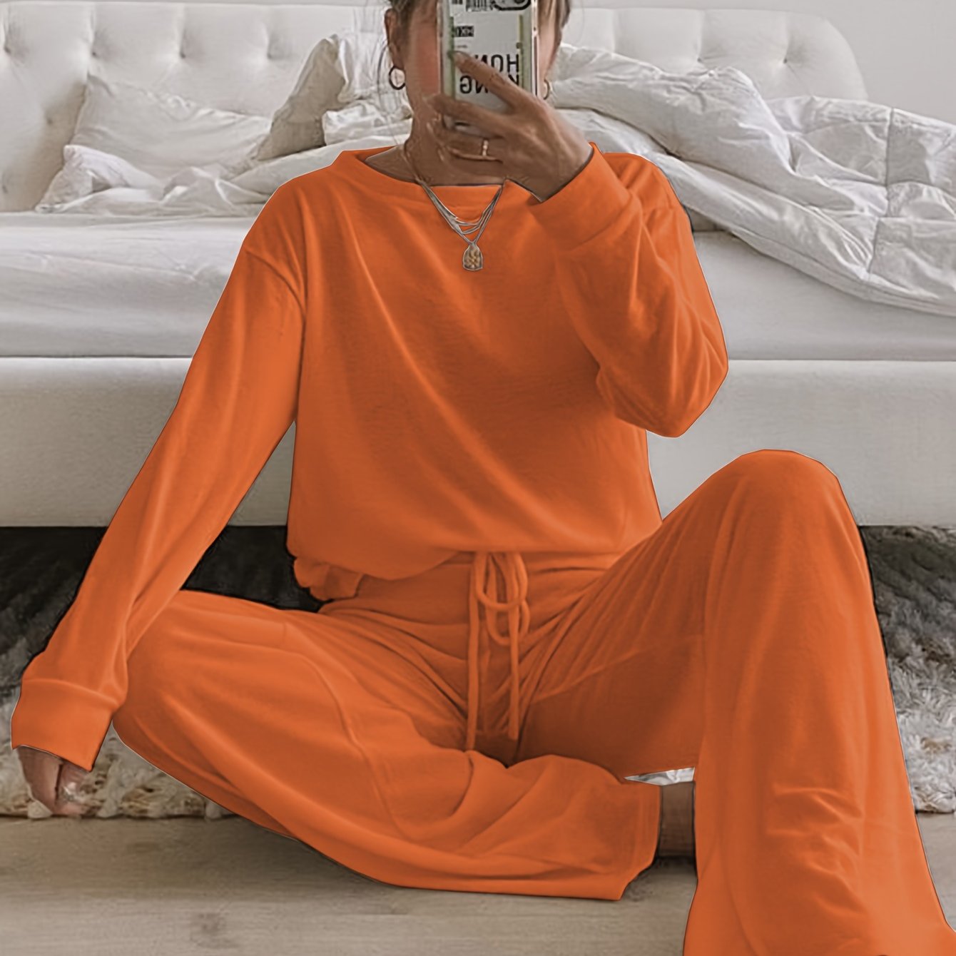 Women's Brushed Fabric Loungewear Set in Solid Color with Crew Neck and Long Pants for Fall Winter