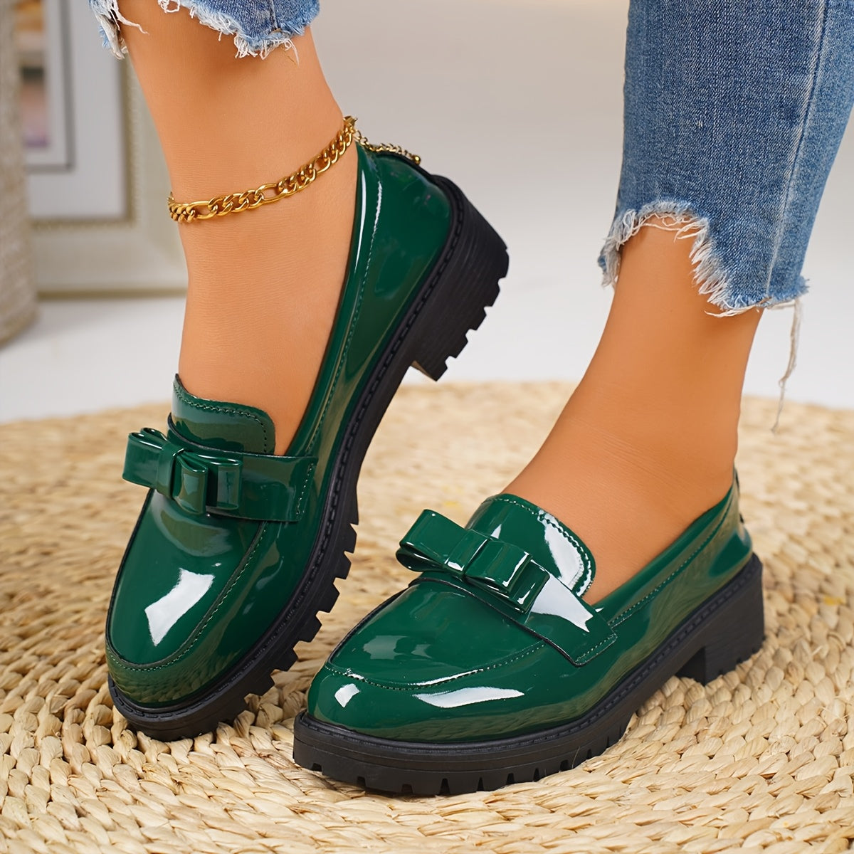 Women's Brown Glossy Bow Slip-On Loafers with Rubber Sole for All-Season Comfort