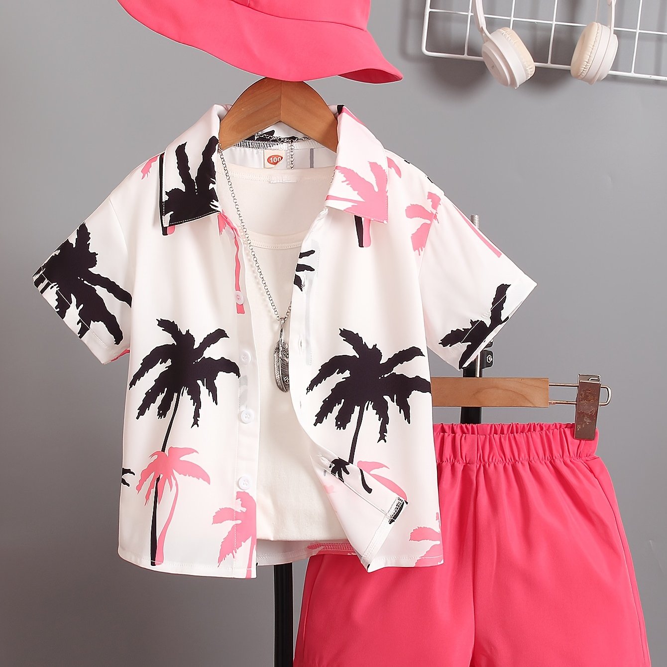 Boys Summer Clothing Set with Coconut Tree Graphic Shirt Shorts Hat for Kids