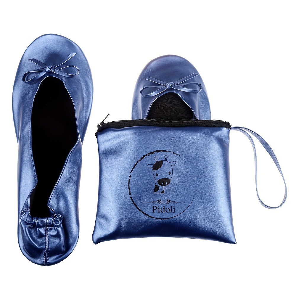 Women's Ballet Flats Foldable Travel Shoes with Removable Pouch Black