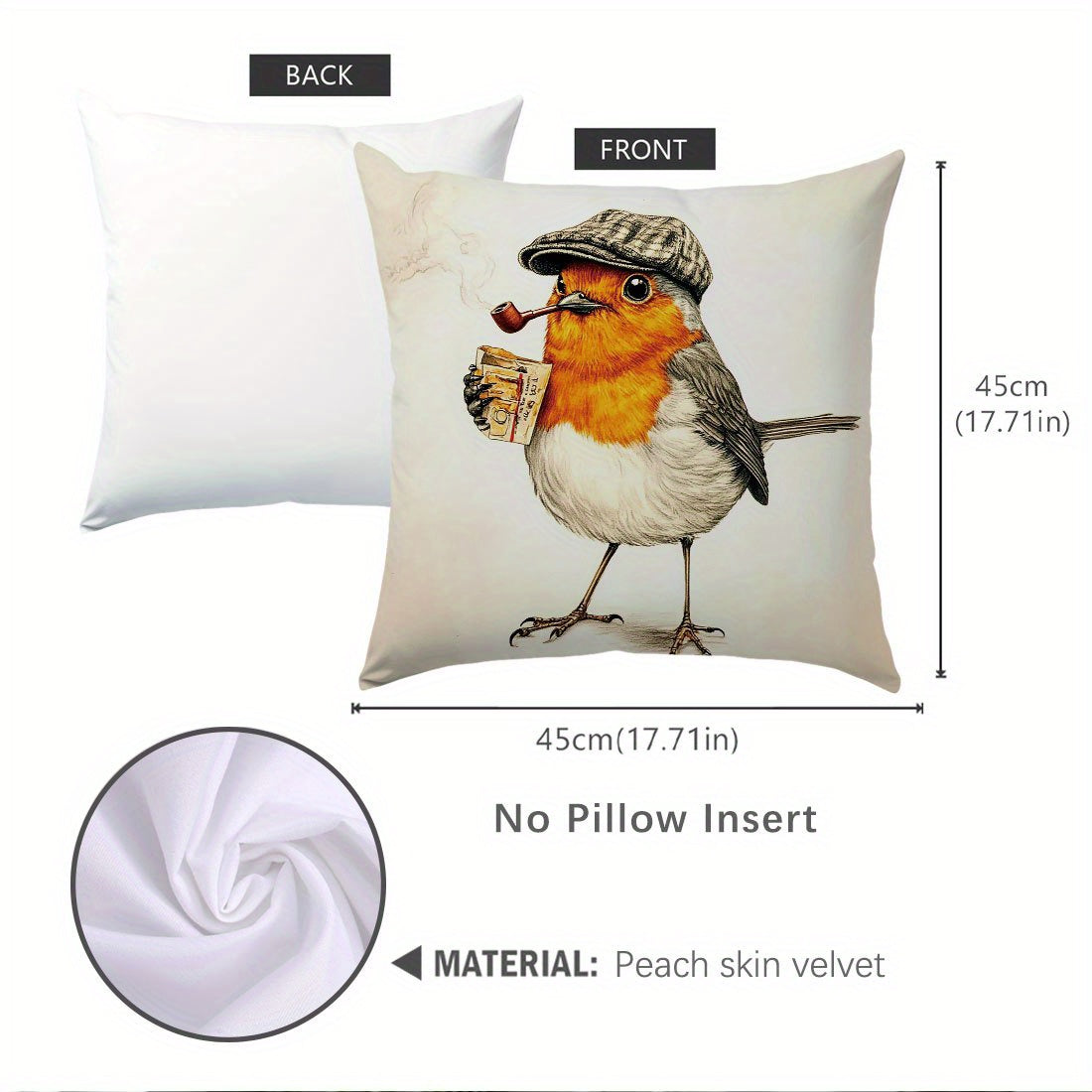 44.96x44.96cm Single-Sided Printed Cushion Cover Smoking Robin Retro Style Polyester Zipper Closure Machine Washable for Living Room Sofa Bedroom Decor