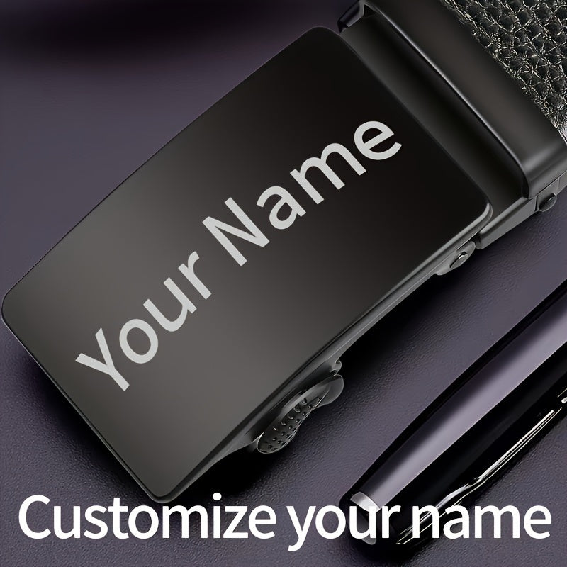 Men's Black Faux Leather Belt with Custom Engraving Automatic Buckle for Casual or Work Wear