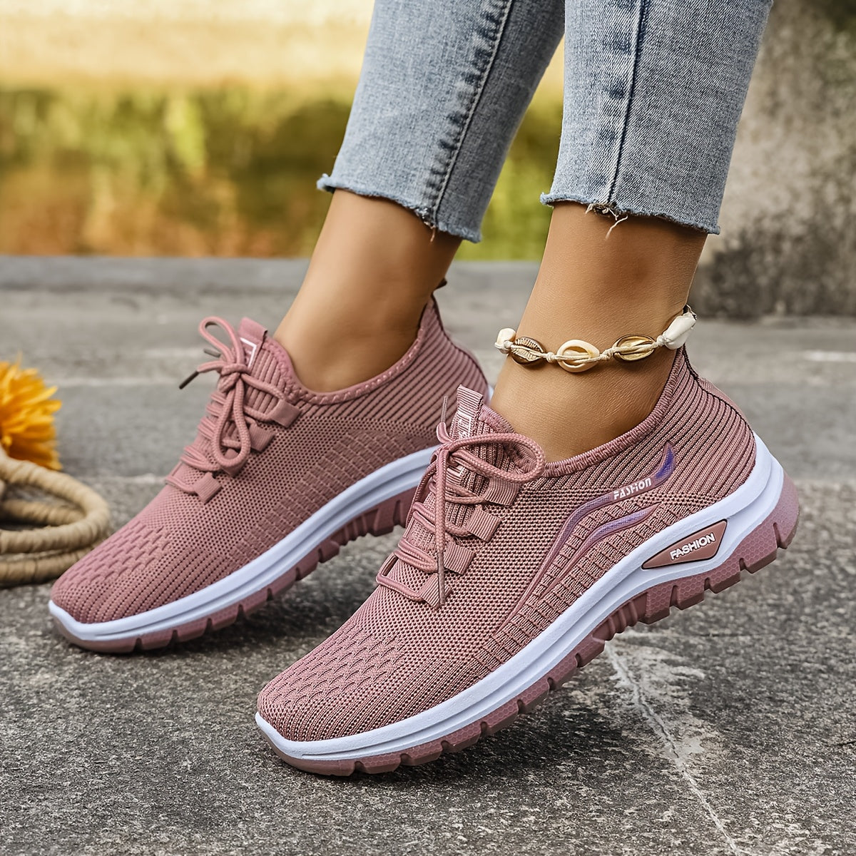 Women's Casual Knit Running Shoes with Lace-Up Patterned Design