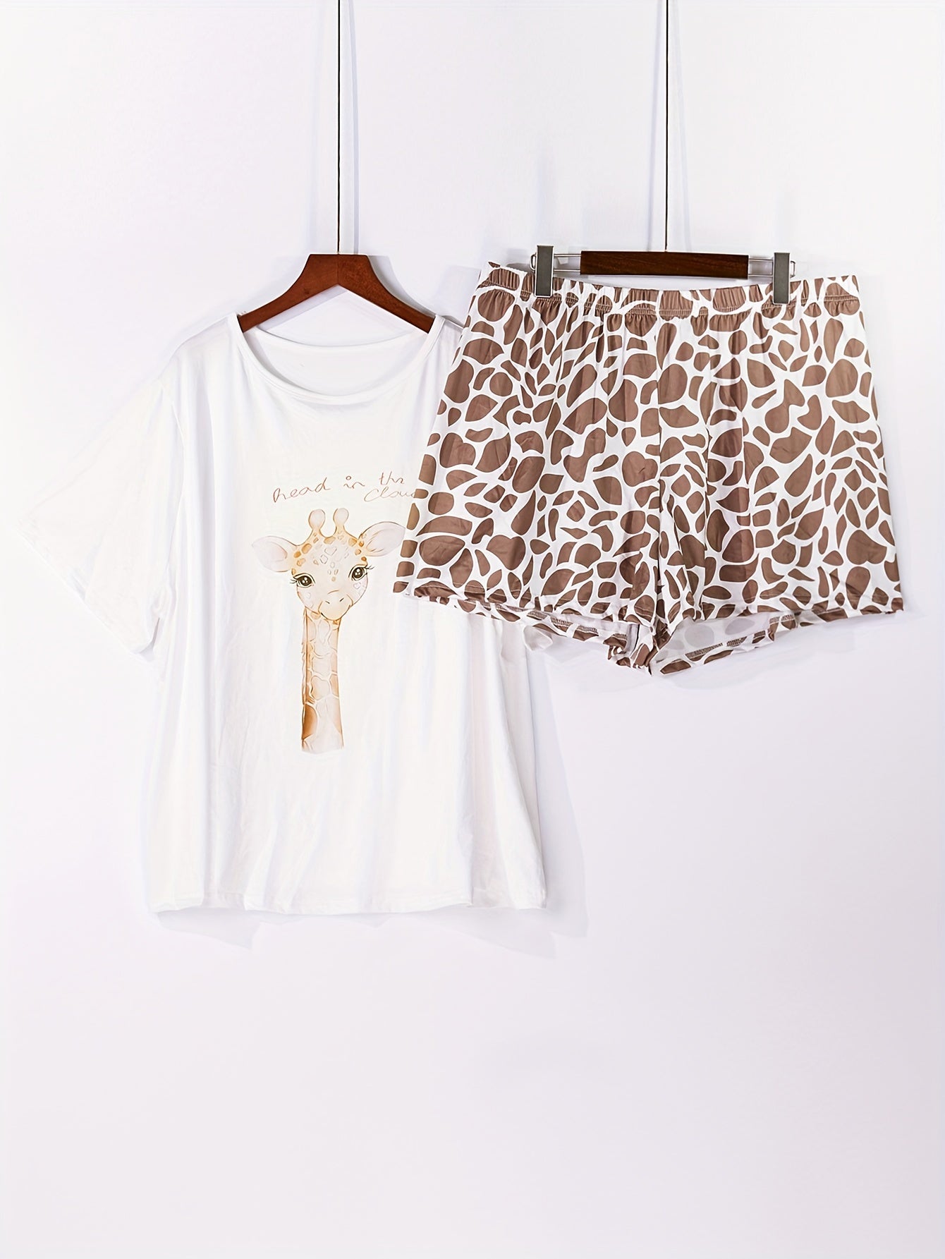 Women’s Cotton Animal Pajama Set Giraffe Print Short Sleeve Top Shorts Lounge Sleepwear