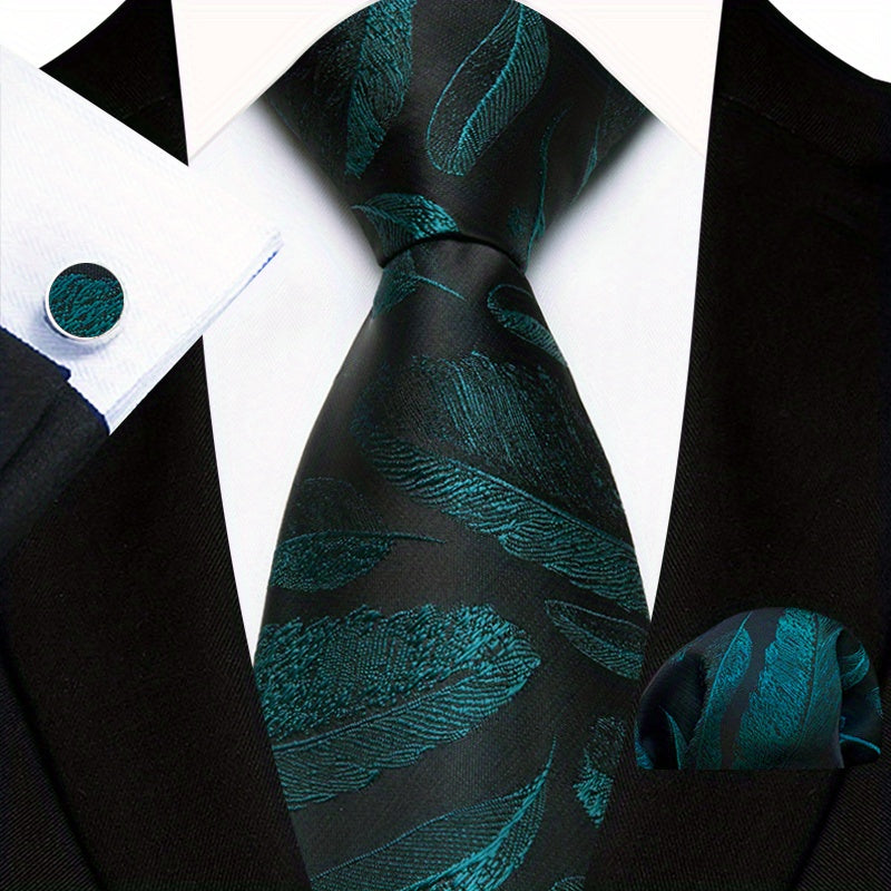 Men's Floral Plaid Necktie and Handkerchief Clip Set for Business and Weddings