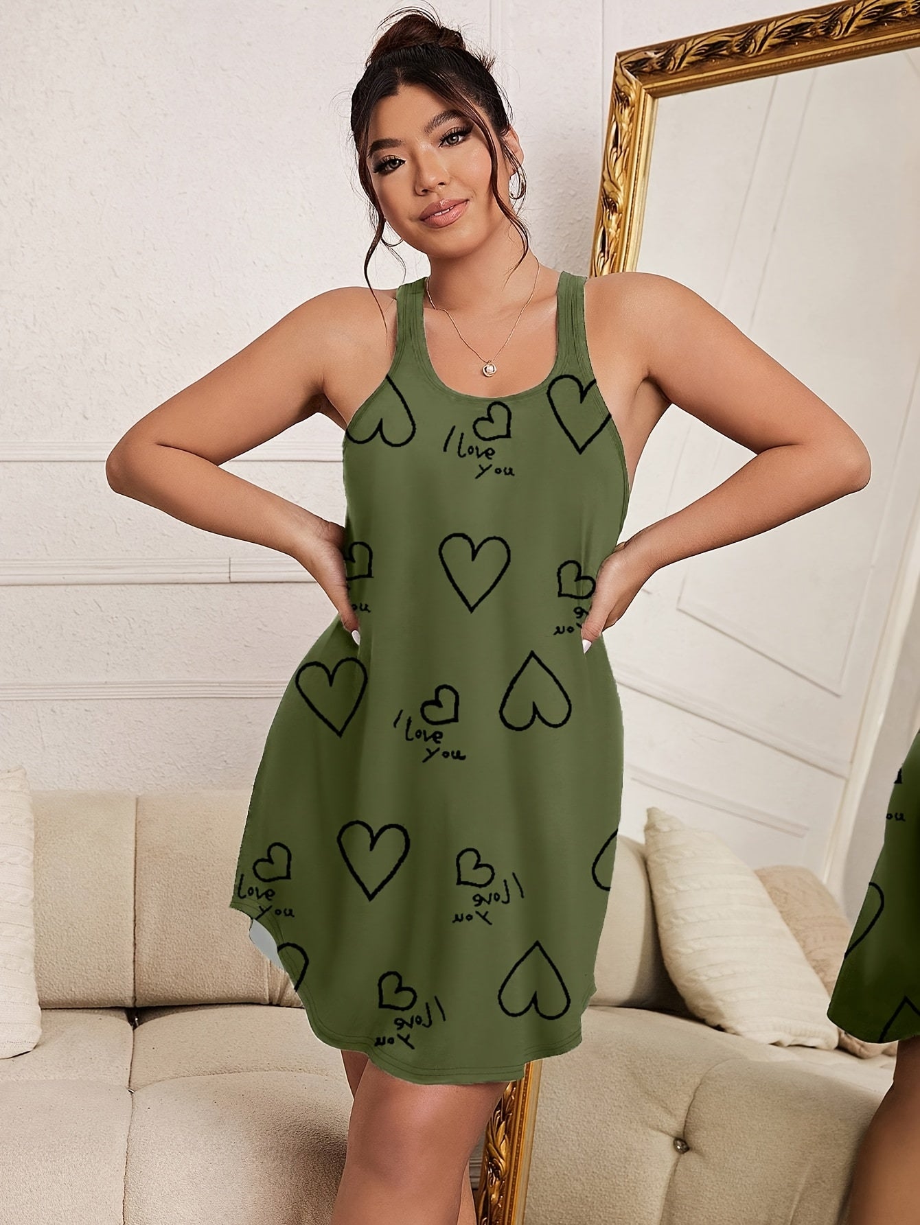 Plus Size Women's Knitted Loungewear Sleep Dress Sleeveless Heart Pattern