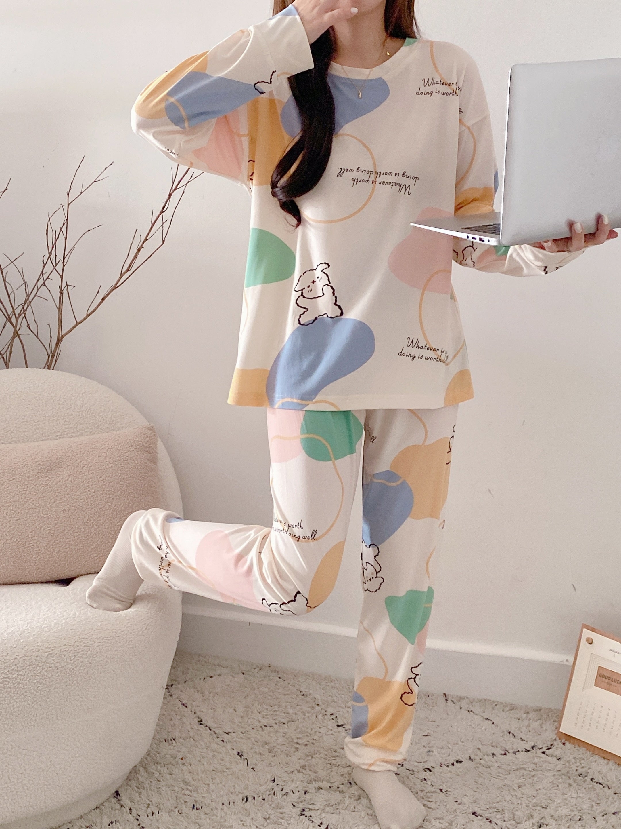 Women's Letter Print Pajama Set Long Sleeve Cozy Fall Lounge Sleepwear
