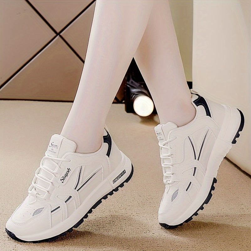 Women's Lightweight Casual Sneakers Low Top Solid Color Lace-Up Running Shoes with Rubber Sole