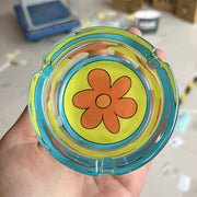 Unisex Glass Ashtray Round Flower Design 85mm Blue Yellow Orange Decoration