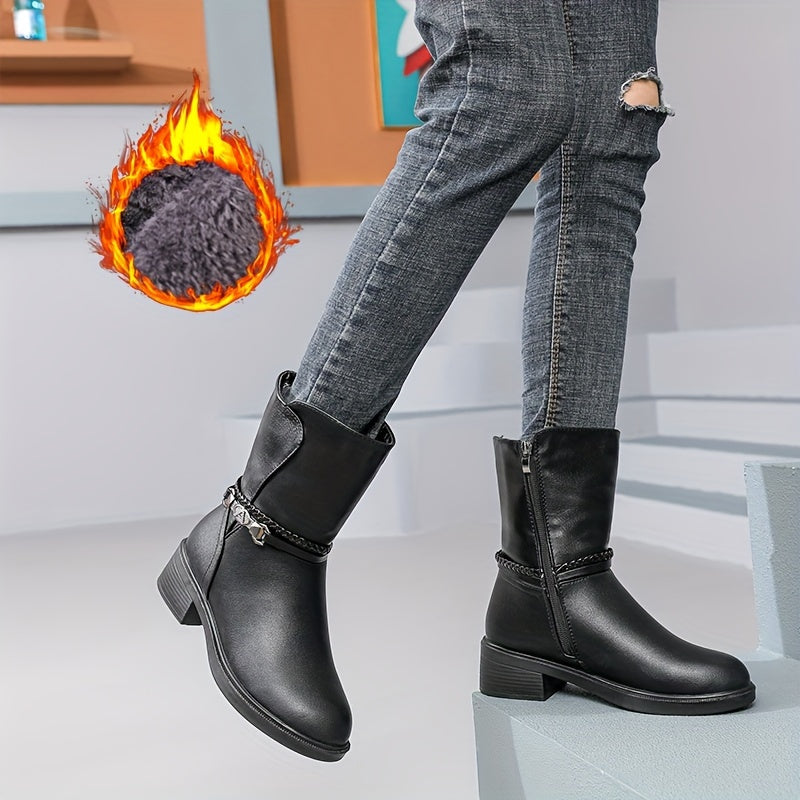 Women's Winter Boots Faux Cover Upper Slip-Resistant Mid-Heel Black