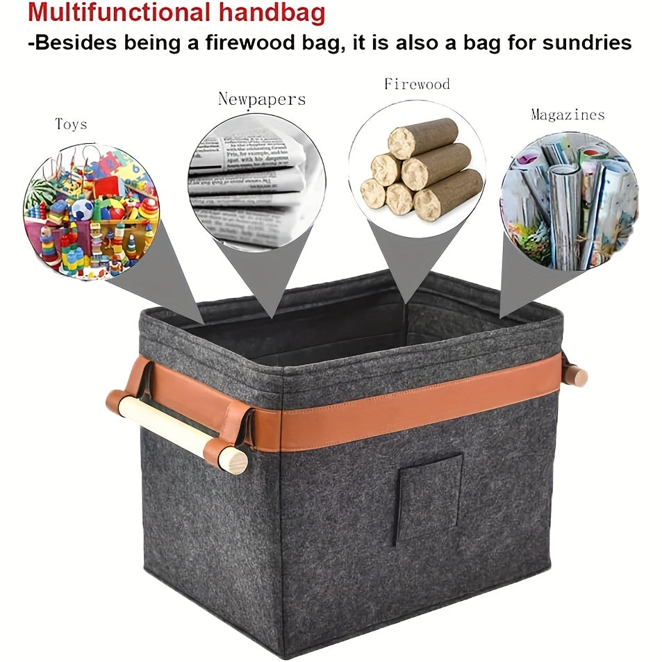 Extra Thick Felt Firewood Carrier Basket with Reinforced Handle, Foldable Storage Bag