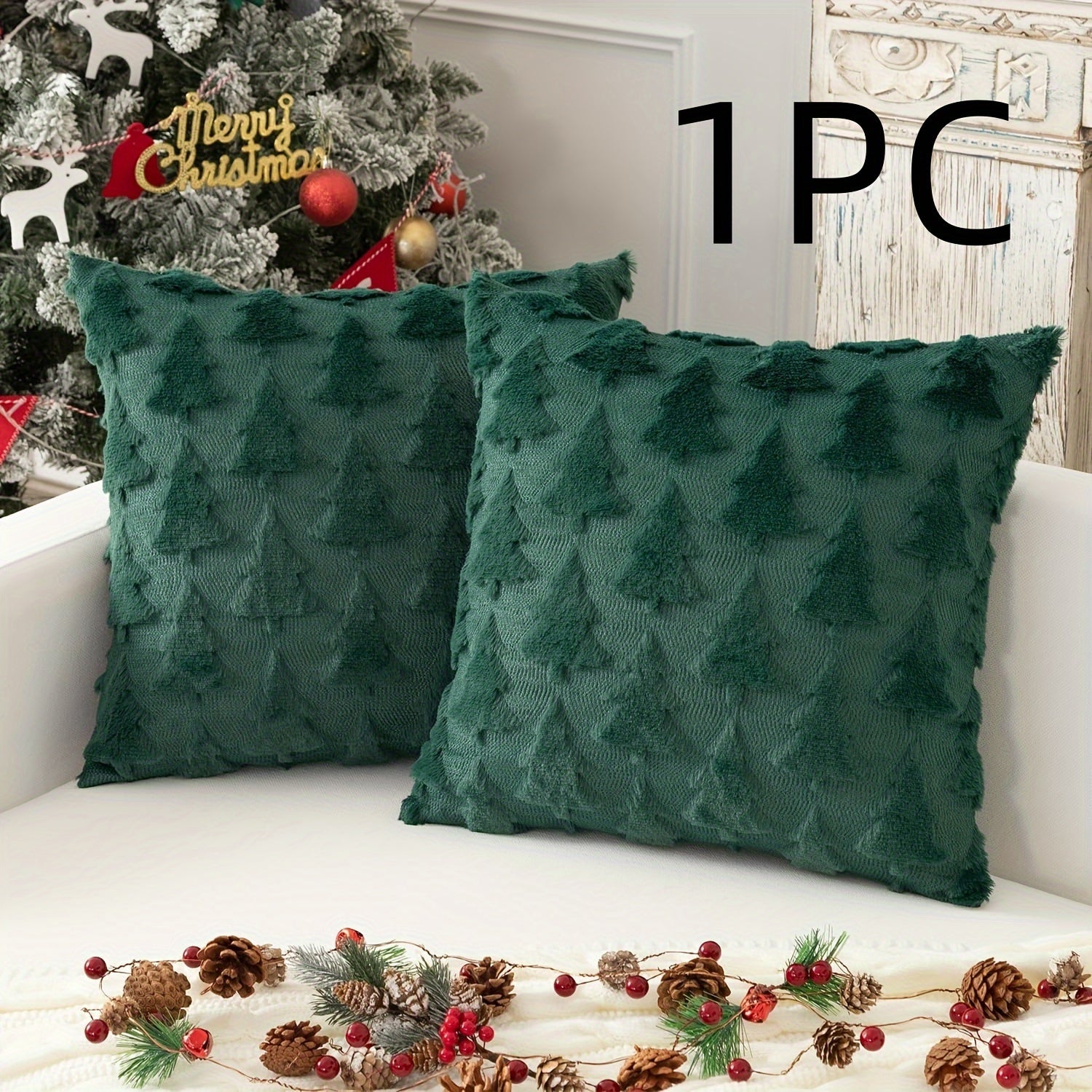 Christmas Tree Pillow Cover Faux Fur Jacquard 45.72cm Zippered Washable Home Decor