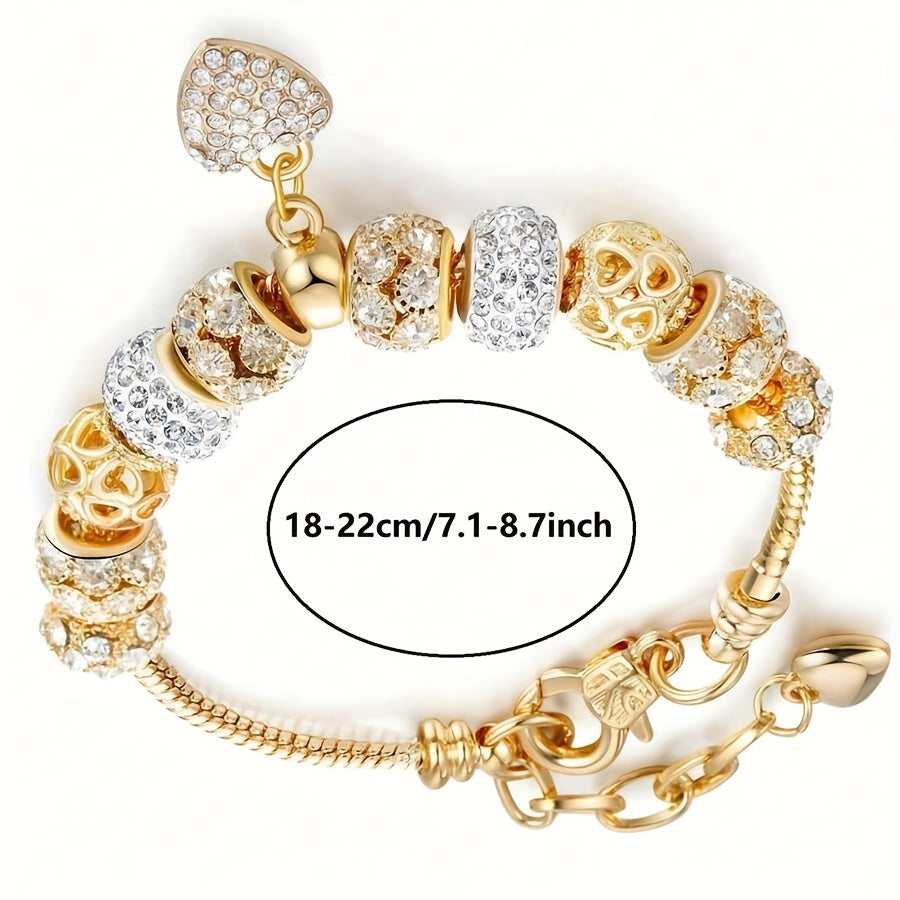 Gold-Plated Copper Bracelet with Glass Beads and Heart Charm for Women
