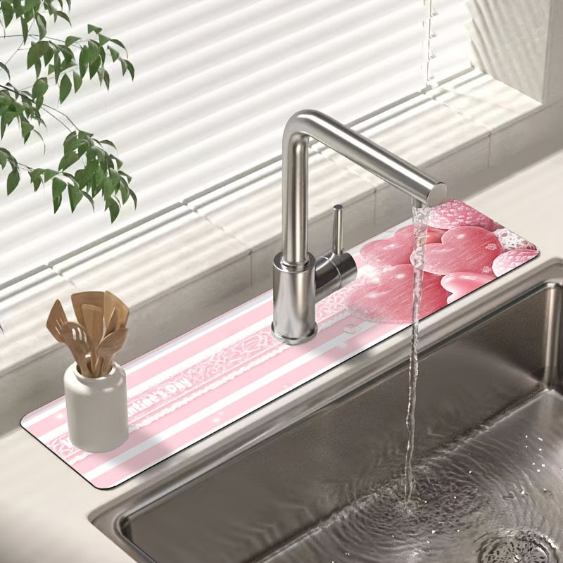 Pink Striped Love Faucet Mat Moisture-Proof Absorbent Kitchen Bathroom Drain Pad